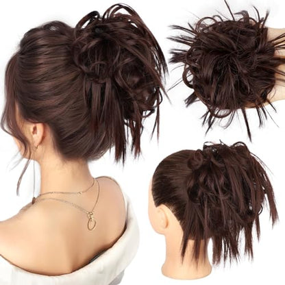 HMD Tousled Updo Messy Bun Hairpiece Hair Extension Ponytail for Women | Synthetic Hair Bun Extension with Elastic Rubber Band, Tousled Updo Messy Bun Hairpiece for Ponytail Styles Daily Party - color: Dark Medium Auburn