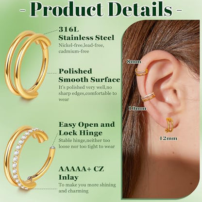 Cartilage Hoop Earrings 16G Surgical Steel Conch piercing jewelry | 4Pcs,8mm/10mm/12mm, Stacked Clicker, Double Hoop, Tragus Helix Piercing Jewelry - color: Gold, size: 8mm