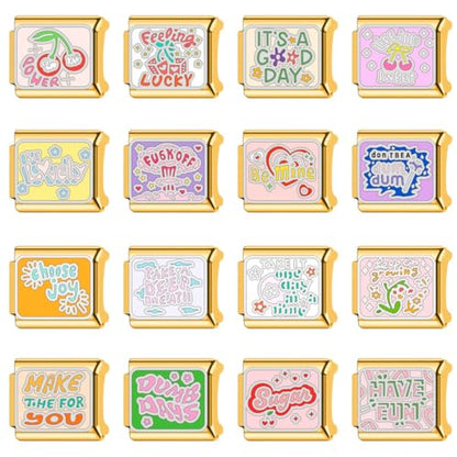 Italian Charms Bracelet Sets Heart Brascelet,18 of Charms and Opening Tools (8 Random Pattern and 10 Blank Modules) - style: Phrase-Golden
