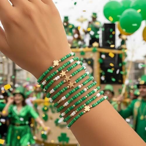 Gold Beaded Bracelets Stack for Women Stocking Stuffers 12PCS Boho Gold Plated Seed Beads Bracelet Stretch Star Stackable Accessories Jewelry Friendship Fall Christmas Gifts for Women - color: 10pcs- Green St.Patrick's Day Bracelet
