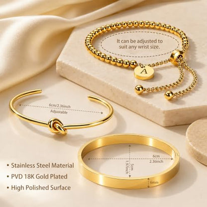 Waterproof Non Tarnish PVD 18K Gold Plated Stainless Steel Beaded Bracelets for Women, Hypoallergenic Dainty Initial Letter Charm Beaded Stackable Adjustable Bracelets, Love Knot Oval Bangles Single & Gift Sets Birthday Jewelry for Her - color: gold-A-3pc