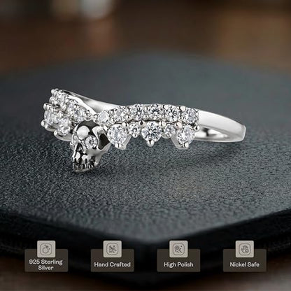 925 Sterling Silver Two Tone Skull Ring for Women Gothic Engagement Rings Enhancers Round 0.40CT AAA Cubic Zirconia Curved Wedding Band Size 3-10 - color: Silver+Gun Metal Finish