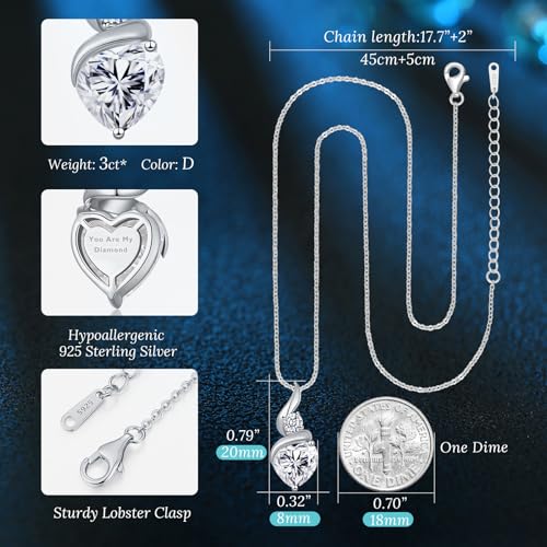 ANDSO Heart Moissanite Necklaces Birthday Jewelry Gifts for Women | S925 Silver /Gold Plating Birthstone Necklace, Ideal Anniversary Christmas Valentine Present for Mom Wife Her Girlfriend - style: Silver-3 Carat