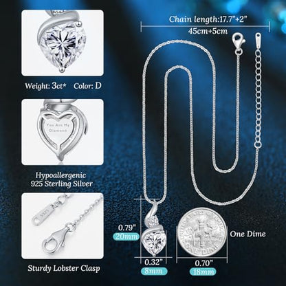 ANDSO Heart Moissanite Necklaces Birthday Jewelry Gifts for Women | S925 Silver /Gold Plating Birthstone Necklace, Ideal Anniversary Christmas Valentine Present for Mom Wife Her Girlfriend - style: Silver-3 Carat