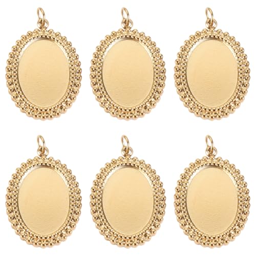 Beebeecraft 1 Box 6Pcs Cabochon Settings Charms 14K Gold Plated Stainless Steel Oval Flat Round Blank Bezel Pendant Trays Base Settings Charm with Jump Rings for DIY Jewellery Making Findings - color: #1 Tray 10x14mm