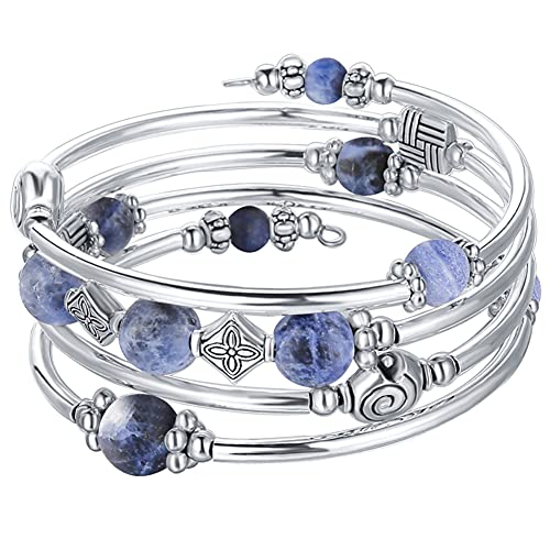 Beaded Pearl Bangle Wrap Bracelet - Fashion Bohemian Jewelry Multilayer Charm Bracelet with Thick Silver Metal Beads, Gift For Women - color: Navy Blue