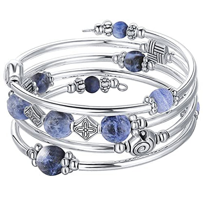 Beaded Pearl Bangle Wrap Bracelet - Fashion Bohemian Jewelry Multilayer Charm Bracelet with Thick Silver Metal Beads, Gift For Women - color: Navy Blue