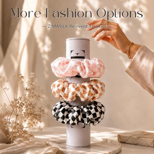 ZIMASILK 100% Pure Mulberry Silk Hair Scrunchies for Women | No Damage - Gentle Elastic Hair Ties for Ponytail Holder - Hair Accessories (3 Pack, Checkered) - color: Checkered Pattern (3pcs)