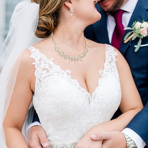 EVER FAITH Wedding Jewelry for Bride, Gorgeous Cubic Zirconia Faux Pearl Elegant Flower Bridal Prom Choker Necklace Stud Earrings Sets for Women - color: Gold Plated