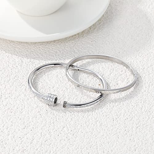 Women's Stainless Steel Bracelet Gold Plated Cuff Bangle With Cube Zircon Hinge Jewelry oval Bangle Witness the Gift of Love - color: 4mm Silver 2pcs-A