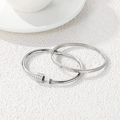 Women's Stainless Steel Bracelet Gold Plated Cuff Bangle With Cube Zircon Hinge Jewelry oval Bangle Witness the Gift of Love - color: 4mm Silver 2pcs-A