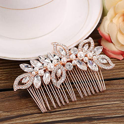 Kercisbeauty Wedding Bridal Bridesmaids Flower Girl Rhinestone Crystal Leaf Rose Gold Hair Comb Slide for Prom,Bun Hair Accessory (Rose Gold) - color: Rose Gold