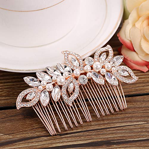 Kercisbeauty Wedding Bridal Bridesmaids Flower Girl Rhinestone Crystal Leaf Rose Gold Hair Comb Slide for Prom,Bun Hair Accessory (Rose Gold) - color: Rose Gold