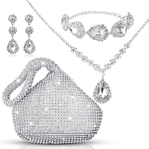 4 Pcs Silver Clutch Purse Jewelry Set for Women Rave Accessories Evening Rhinestone Purse Silver for Bride Wedding - style: Bling Style