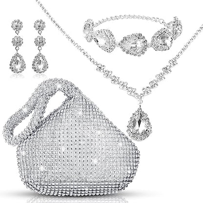 4 Pcs Silver Clutch Purse Jewelry Set for Women Rave Accessories Evening Rhinestone Purse Silver for Bride Wedding - style: Bling Style