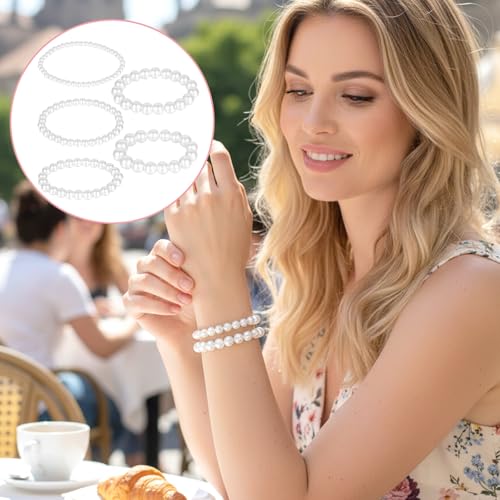 Grevosea 5 Pcs White Faux Pearl Stretch Bracelets for Women, Stackable Elastic Bridesmaid Wedding Jewelry Stackable Faux Pearl Bracelets for Women Wedding Jewelry Lady