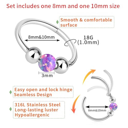 Thiswhyimbeauty 2PCS 18g Opal Nose Rings for Women Nose Hoops 8mm/10mm Hypoallergenic 316L Surgical Steel Nose Rings Piercing Jewelry Can Be Used as a Nose Ring, Septum Ring, and Cartilage Earring - color: A-Silver Purple opal