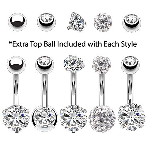 BodyJ4You 5PC Belly Button Rings Set - 14G - Multicolor Surgical Stainless Steel - Shiny CZ Crystals - Clear Pink Aqua Black - Replacement Extra Pack - Women Body Piercing Jewelry - color: Silvertone - Clear