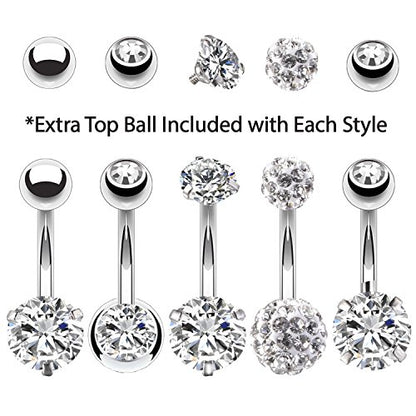 BodyJ4You 5PC Belly Button Rings Set - 14G - Multicolor Surgical Stainless Steel - Shiny CZ Crystals - Clear Pink Aqua Black - Replacement Extra Pack - Women Body Piercing Jewelry - color: Silvertone - Clear