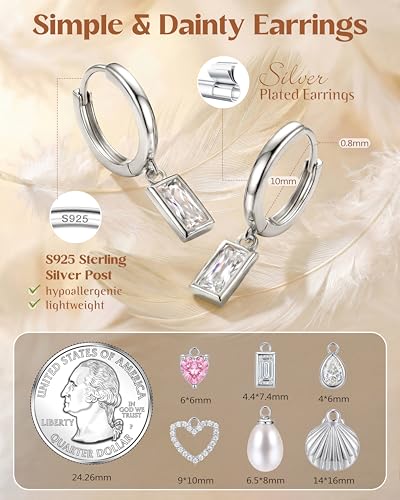 FIBO STEEL 14K Gold Plated Hoop Earrings with Charms for Women Huggie Hoops | Hypoallergenic 925 Sterling Silver Post Dangle Earrings Small Silver Gold Hoops Earring Cubic Zirconia Dangle Drop Jewelry - color: Baguette - Silver Plated
