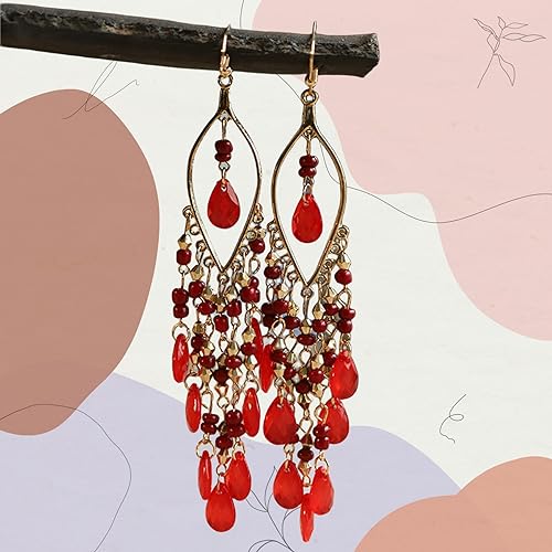 Essencedelight Crystal Beaded Tassel Earring Long Beaded Dangle Earring Fringe Hook Earring for Women Bridal Wedding - color: red