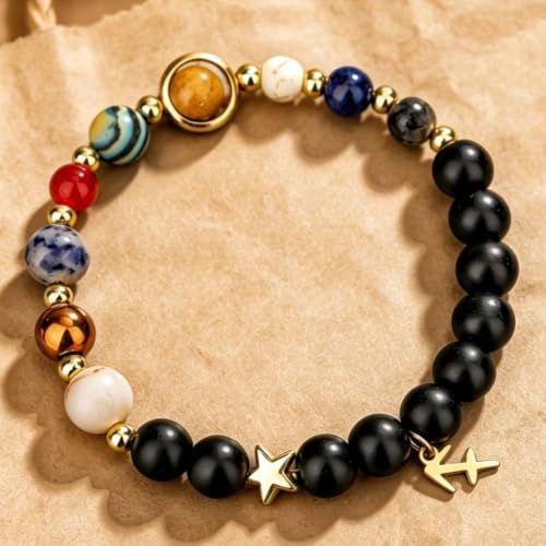 Solar System Planet Bead Zodiac Sign Stretch Bracelet for Men Women | Matte black beads with solar system planet stones, unisex design, perfect birthday holiday gift for men women - color: Sagittarius