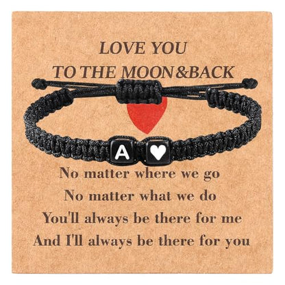 Valentines Day Gifts for Him Her Heart Love Letter Initial Matching Couple Bracelets for Women Men Teen Gifts Best Friend Graduation Birthday Gifts A-Z Braided Bracelet Son Daughter Dad Jewelry - color: Black-A