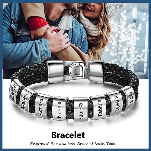 Personalized Braided Leather Bracelet with Photo Custom Name Beads Cuff Bangle Jewelry Gifts for Men Dad Husband Grandpa Fathers Day - color: Style 2--White-8.5inch