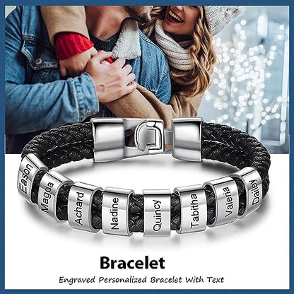 Personalized Braided Leather Bracelet with Photo Custom Name Beads Cuff Bangle Jewelry Gifts for Men Dad Husband Grandpa Fathers Day - color: Style 2--White-8.5inch