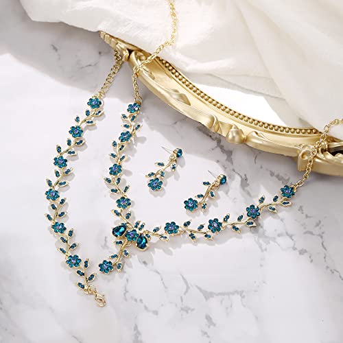 Women's Wedding Jewelry Set for Bride,Prom Bridal Accessories | Bling Crystal,Flower Leaf Cluster,Dangle Earrings Pendant Necklace Set,for Bridesmaid,Party Jewellery - color: 3Pcs-Blue Topaz Gold-Plated-Base