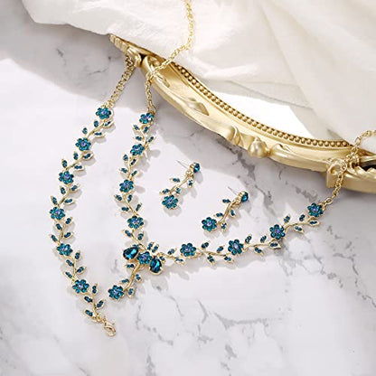 Women's Wedding Jewelry Set for Bride,Prom Bridal Accessories | Bling Crystal,Flower Leaf Cluster,Dangle Earrings Pendant Necklace Set,for Bridesmaid,Party Jewellery - color: 3Pcs-Blue Topaz Gold-Plated-Base