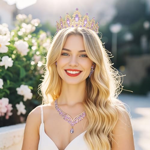 Crowns and Tiaras jewelry sets for Wedding princess birthday party Halloween Prom Pageant Jewelry for Women Crystal Bridal Jewelry Set for women - color: Gold Purple