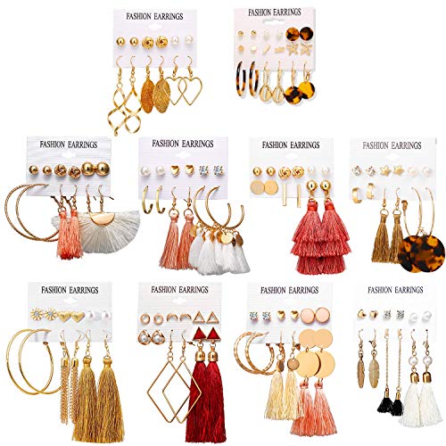 18-32 Pairs Tassel Earrings Set with Colorful Tassel Long Layered Dangle Hoop Tiered Thread Earrings Set for Women Jewelry Fashion and Valentine Birthday Party Gift - style: 63 Pairs Tassel Earrings