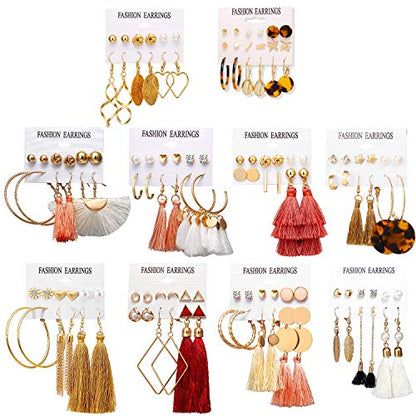 18-32 Pairs Tassel Earrings Set with Colorful Tassel Long Layered Dangle Hoop Tiered Thread Earrings Set for Women Jewelry Fashion and Valentine Birthday Party Gift - style: 63 Pairs Tassel Earrings