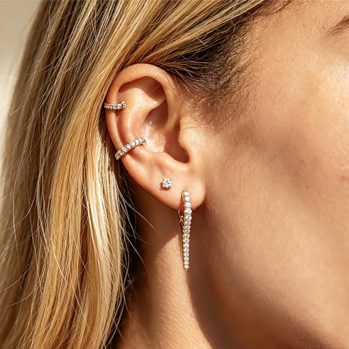 DREMMY STUDIOS Gold Dainty Huggie Hoop Earrings 18K Gold Plated Exquisite Open Tassel Dangle Charm Drop Sleeper Geometric Cross Coin Star Heart White CZ Simple Hypoallergenic Earrings for Women - color: Long-CZ