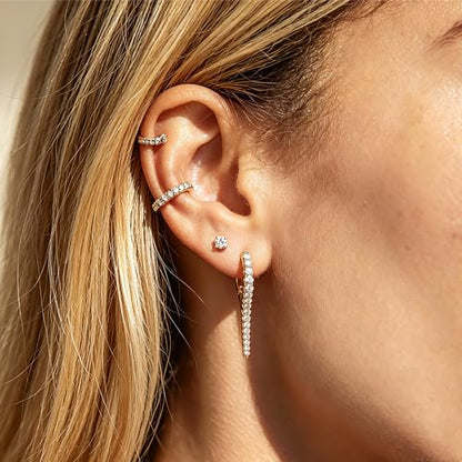 DREMMY STUDIOS Gold Dainty Huggie Hoop Earrings 18K Gold Plated Exquisite Open Tassel Dangle Charm Drop Sleeper Geometric Cross Coin Star Heart White CZ Simple Hypoallergenic Earrings for Women - color: Long-CZ