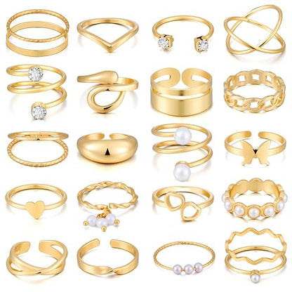 FAXHION 25 PCS Gold Stackable Rings Set for Women, Simple Twist Knuckle Finger Ring Trendy, Dainty Stacking Statement Thumb Rings Pack Jewelry Gift - color: Gold-Pearl