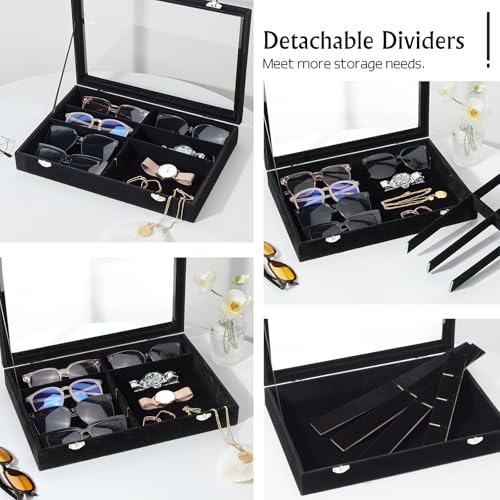 Emibele Glasses Organizer Jewelry Tray, 8 Grids with Clear Lid Velvet Tray Watch Storage Stackable Jewelry Showcase Display Storage with Detachable Inner Dividers, Black - style: I1- eight Grids with Lid-Black
