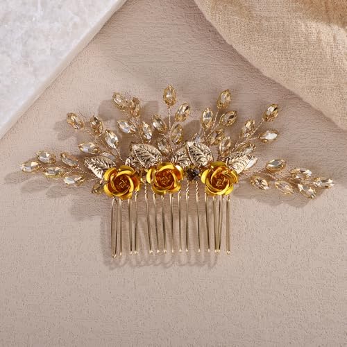Gold Rose Flower Hair Comb with Champagne Crystal for Wedding Women Bridal Hair Accessories for Prom Speical Occasion (Champagne) - color: Champagne