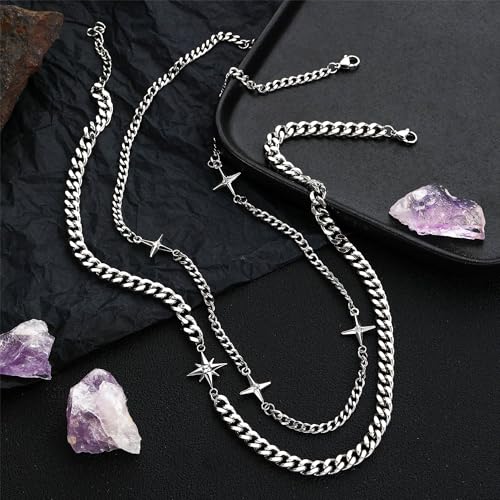 Gothic Cross Star Necklace For Men Women Silver Stainless Steel Cuban Link Paperclip Figaro Bead Chain Punk Kpop Y2k Goth Irregular Layered Cross Pendant Necklace Non Tarnish Jewelry Gift - color: Silver H