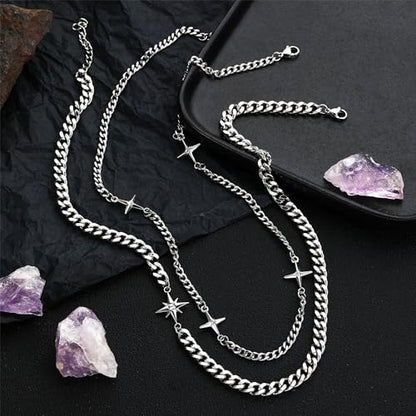 Gothic Cross Star Necklace For Men Women Silver Stainless Steel Cuban Link Paperclip Figaro Bead Chain Punk Kpop Y2k Goth Irregular Layered Cross Pendant Necklace Non Tarnish Jewelry Gift - color: Silver H