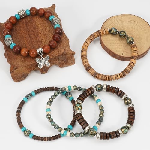 Boho Wooden Beads Bracelets Bohemian Bracelet Stack for Men Women Wood Beaded Bracelet Set - color: A