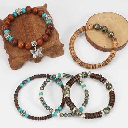 Boho Wooden Beads Bracelets Bohemian Bracelet Stack for Men Women Wood Beaded Bracelet Set - color: A