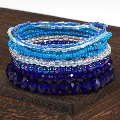 Bohemian Colorful Crystal Glass Beads Seed Beaded Bracelet Handmade Adjustable Stackable Elastic Strand Bangle for Women Summer Beach Hawaii Boho Wristbands Jewelry - color: dark blue