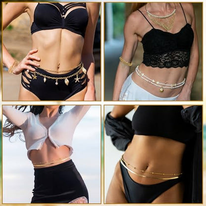 Lenwen 10 Pcs Summer Beach Belly Chain Adjustable Waist Multi Layered Chain Waist Jewelry for Women Girls Multilayer Body - color: Gold, style: Elegant Style