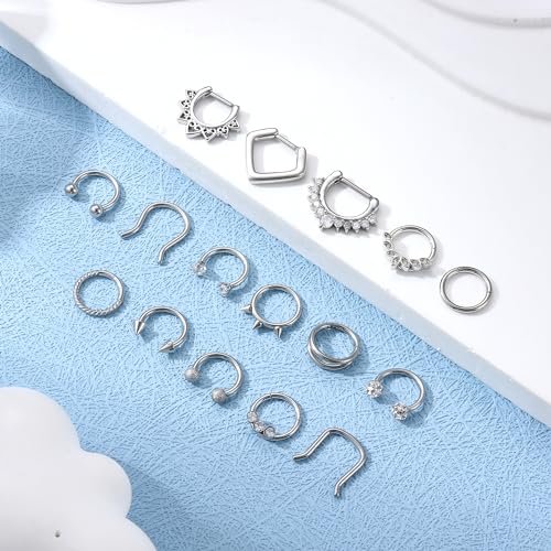Besteel Hypoallergenic Septum Rings 16G 8mm Surgical Steel Clicker Nose Rings Hoops Set Small Lip Cartilage Helix Daith Piercing Jewelry for Women Men 16 Pcs Gold Silver Black - color: Silver