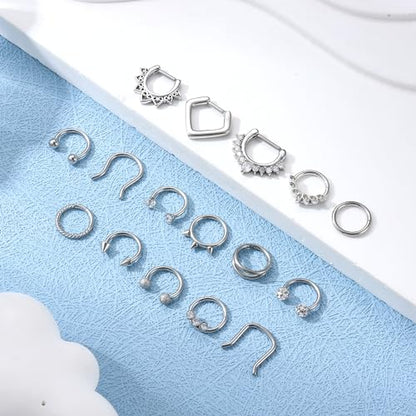 Besteel Hypoallergenic Septum Rings 16G 8mm Surgical Steel Clicker Nose Rings Hoops Set Small Lip Cartilage Helix Daith Piercing Jewelry for Women Men 16 Pcs Gold Silver Black - color: Silver