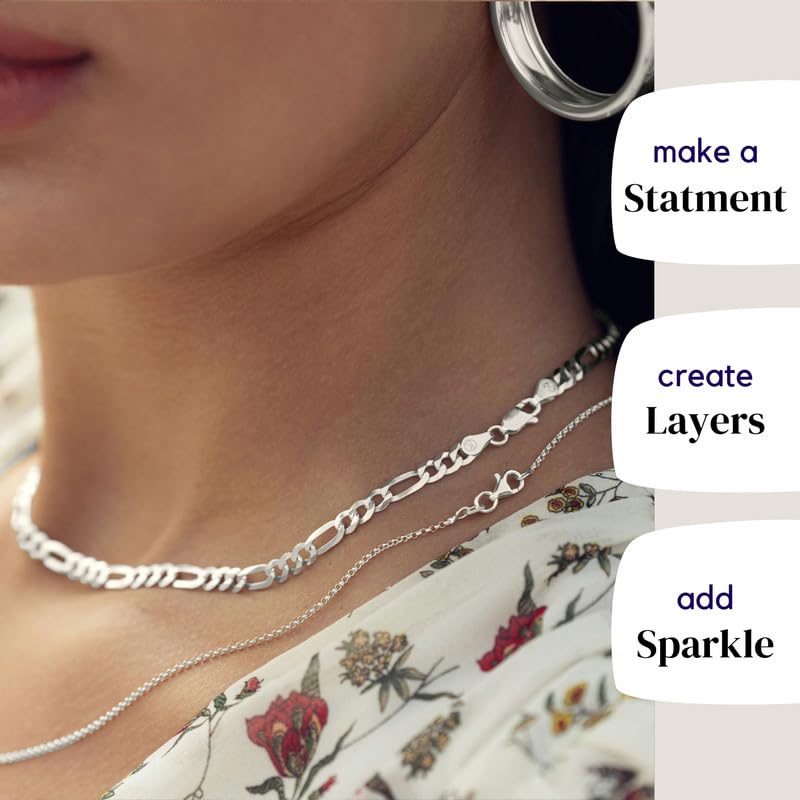 KISPER Italian 925 Sterling Silver Diamond Cut 5mm Figaro Link Chain Necklace & Bracelet Set - 22" Necklace & 7" Bracelet - Made in Italy