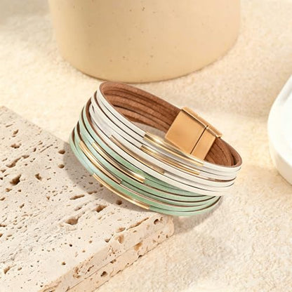 Wrapped Bracelets for Women,Leather Boho Bracelets for Women - color: Leather-LightGreen