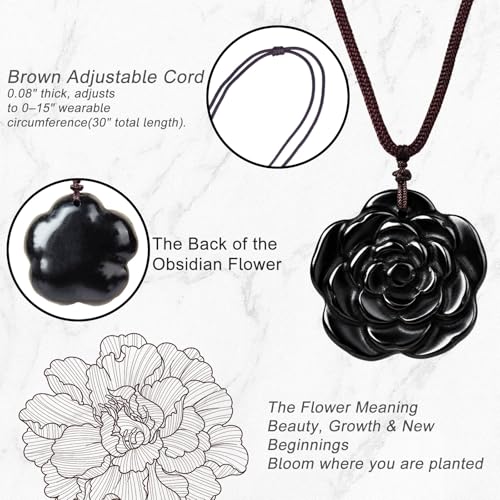 Crystal Flower Pendant Necklace for Women, Hand Carved Sculpted Flower Bloom Charm, Healing Stone Jewelry Gift for Her Mom Girlfriend - color: Black